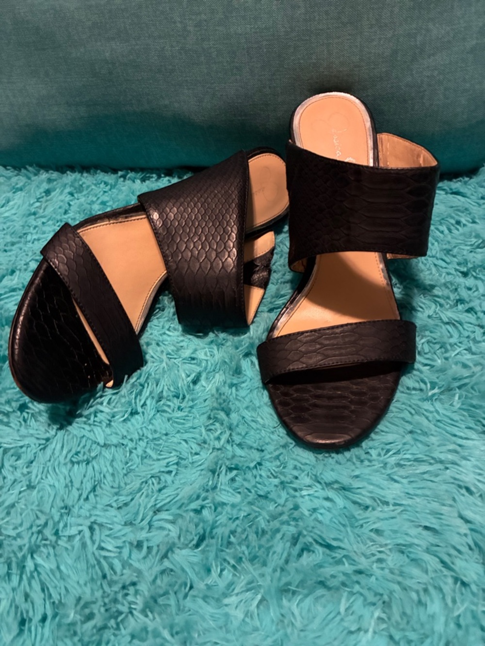 Jessica Simpson Black Snake-Texture Slide Mules